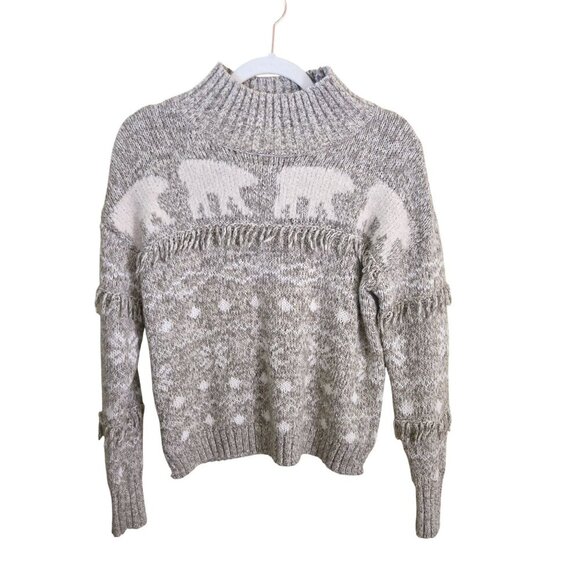 Loft Neutral Polar Bear Fringe Cotton Wool Blend Mockneck Sweater Size XS - Picture 2 of 7